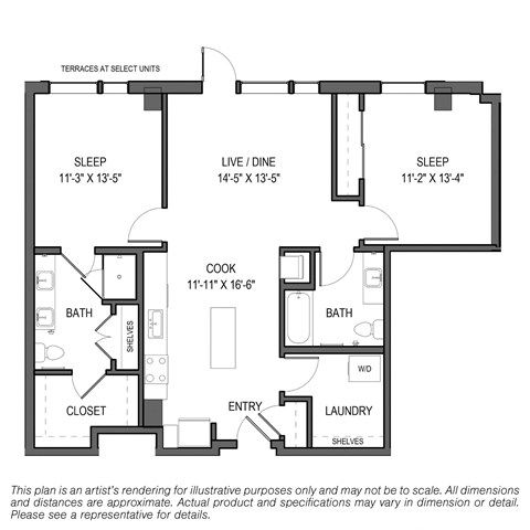 Floor plan for 2 beds, 2 baths, 1122 sqft